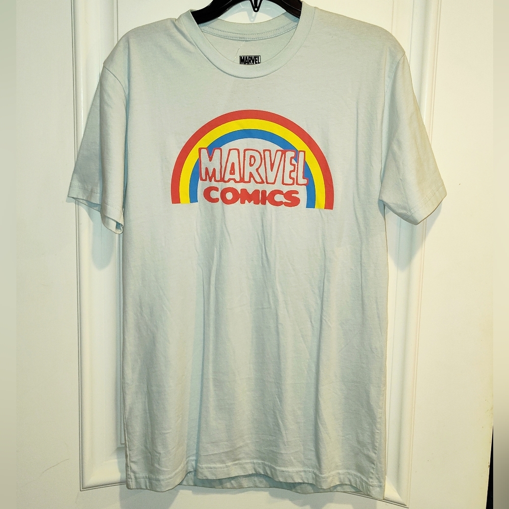 NEW WITH TAGS MARVEL COMICS VINTAGE GRAPHIC UNISEX T-SHIRT LIGHT BLUE SIZE LARGE